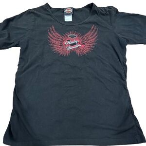 Women’s Harley-Davidson Short Sleeve Tee Shirt with Red Beads on Front, Size L.